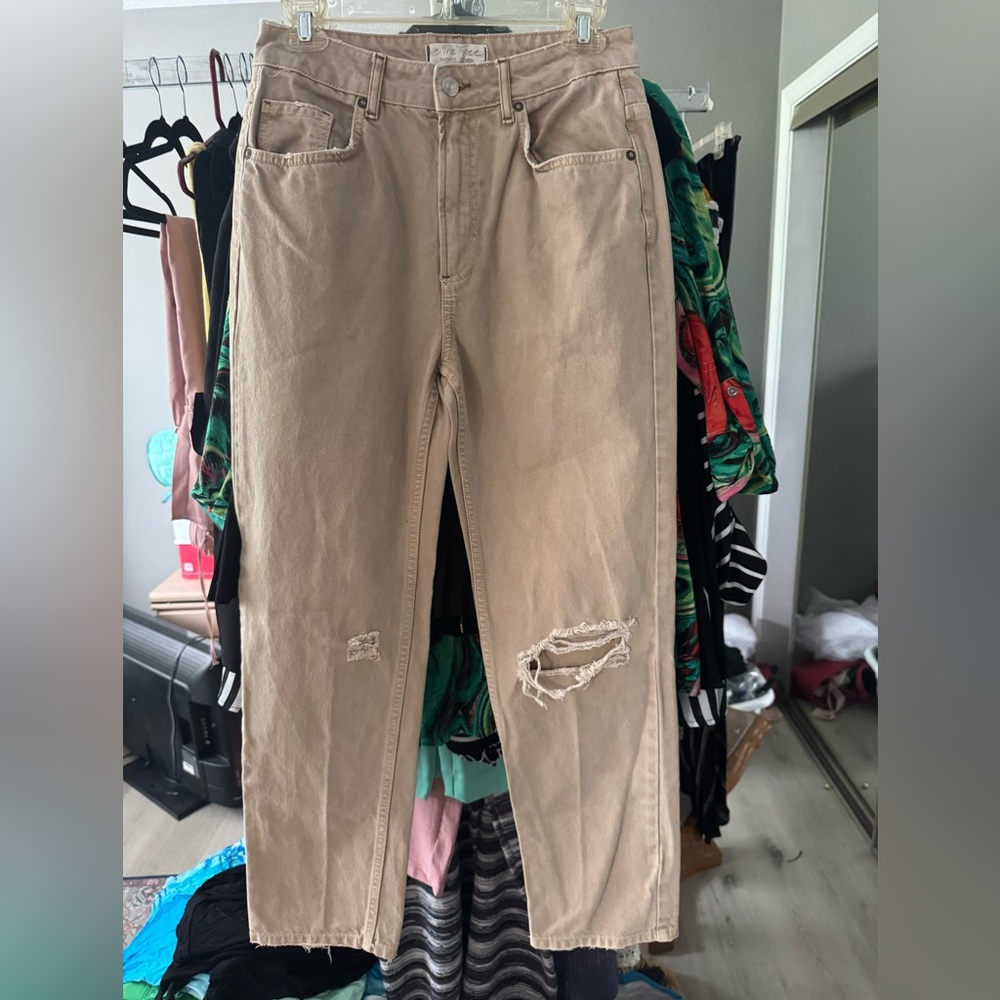 We The Free Distressed Beige Straight Leg Jeans